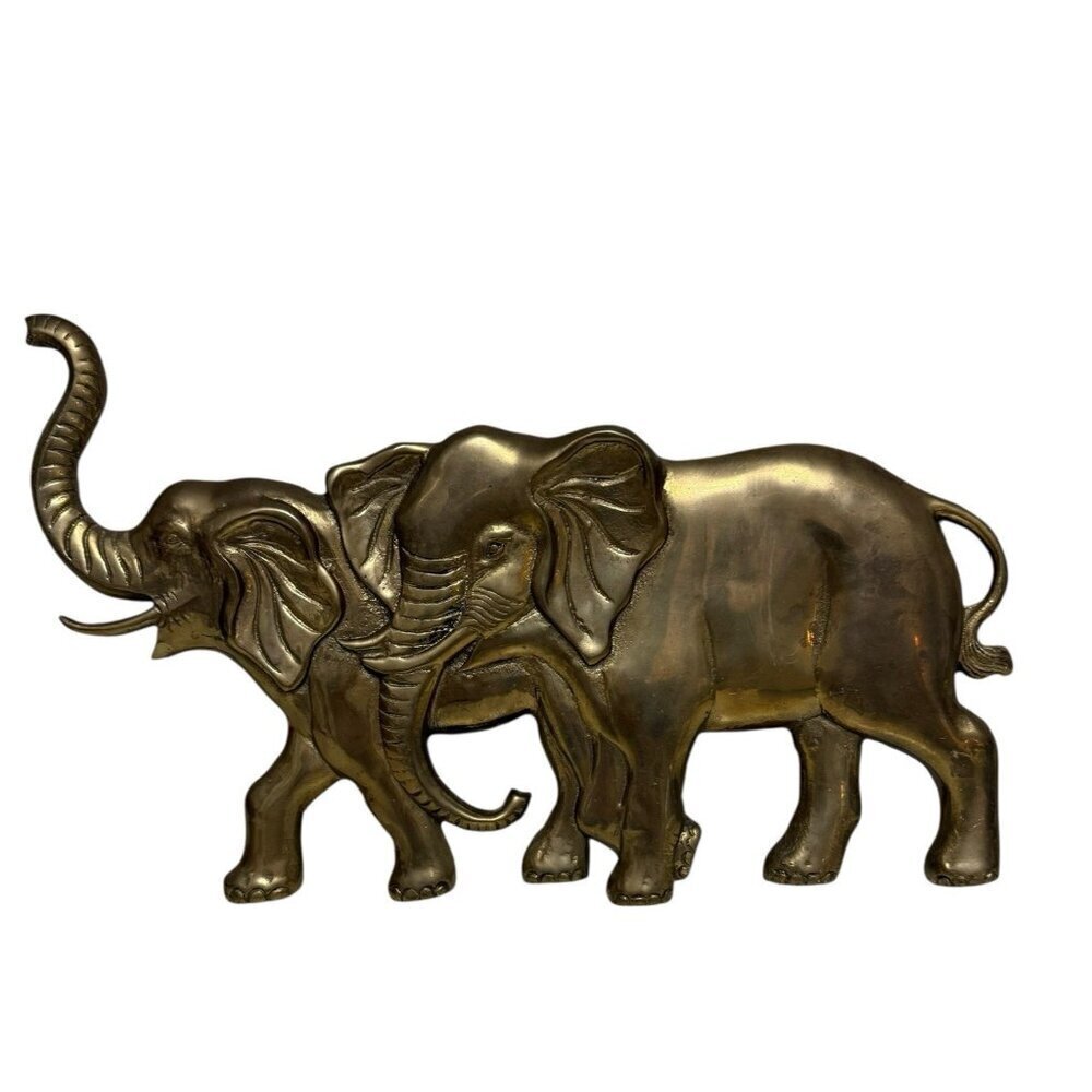 Vintage Enesco Brass Elephant Pair Wall Hanging 1984 Taiwan ROC 13" Long